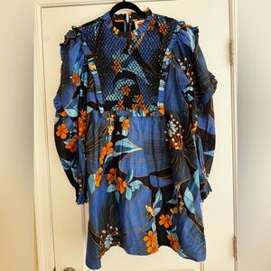 FARM Rio Blue Floral Mini Dress with Orange Accents